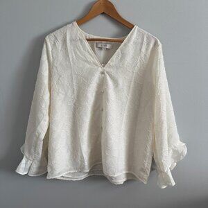 Loft Flutter Sleeve Dainty Flower Ivory Cream V-neck Blouse With Front Buttons